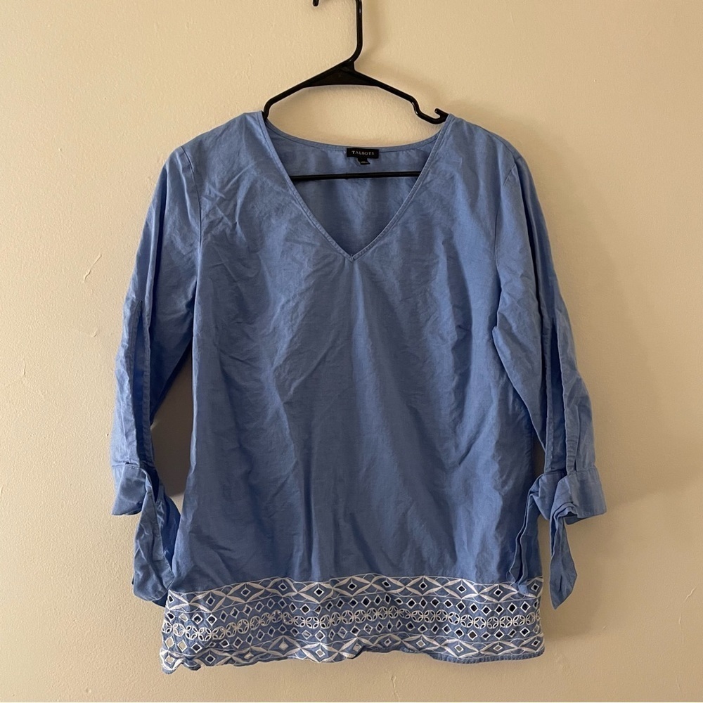 Talbots cotton blue and white embroidered blouse women’s casual comfortable